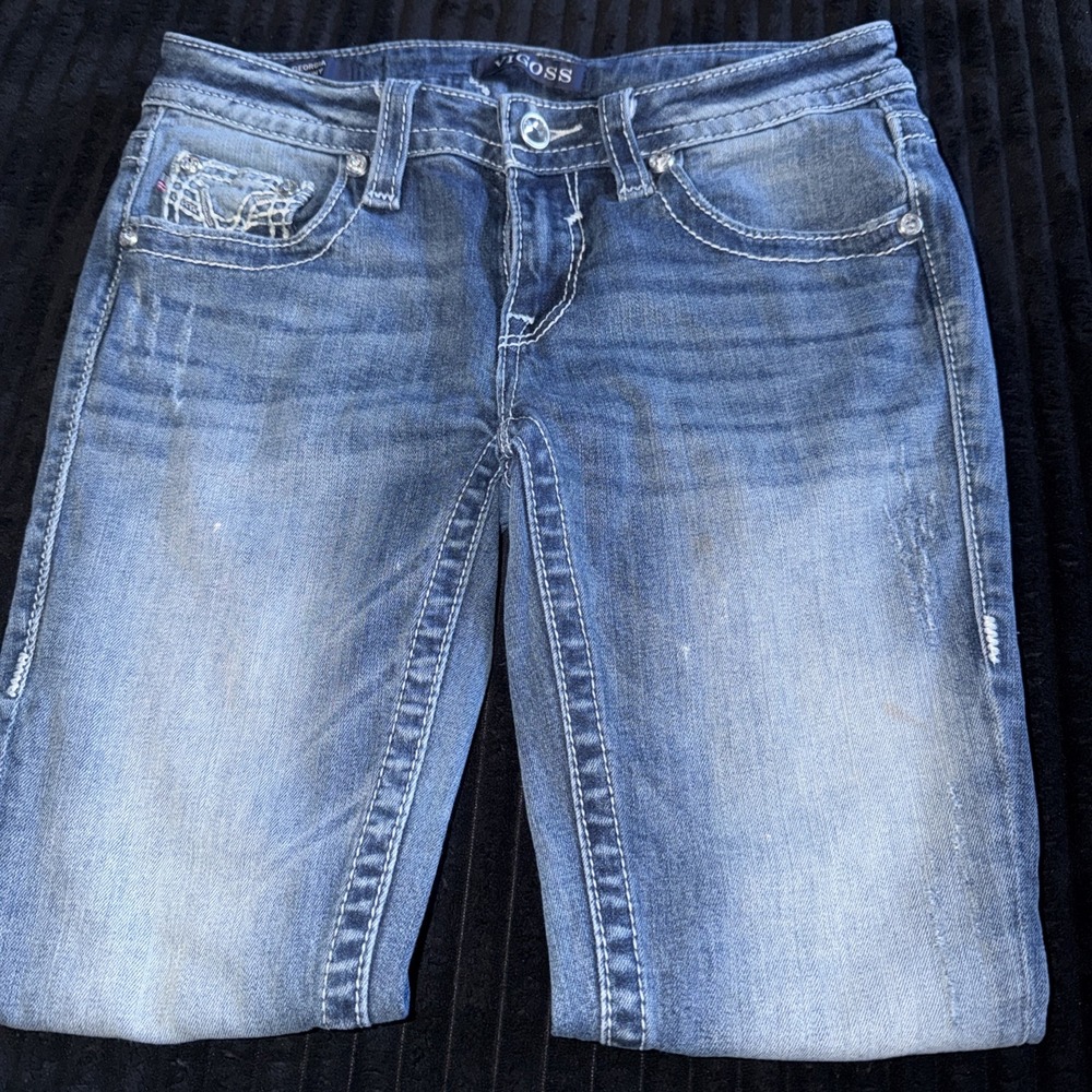 Vigoss Classic Embellished Jeans Medium Wash Crystal Sequin Distressed W26 L29